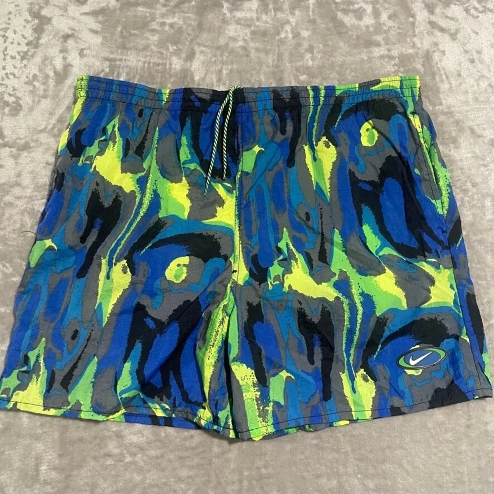 Vintage Nike Swim‎ Shorts Mens Large Abstract Marble Print Green 90s EUC